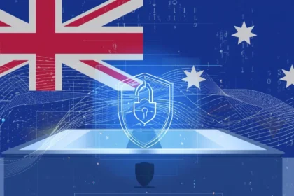 Digital lock and shield icons over an Australian flag with tech circuit lines, representing privacy law reforms in Australia 2025.
