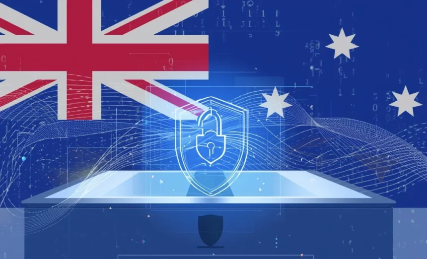 Digital lock and shield icons over an Australian flag with tech circuit lines, representing privacy law reforms in Australia 2025.