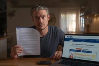 Worried Australian driver reading a car insurance denial letter, learning about appeal rights and dispute resolution options.