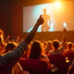 Movie audience cheering excitedly at celebrity cameos in blockbuster films shown on cinema screen