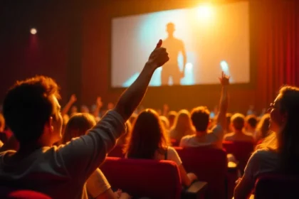 Movie audience cheering excitedly at celebrity cameos in blockbuster films shown on cinema screen