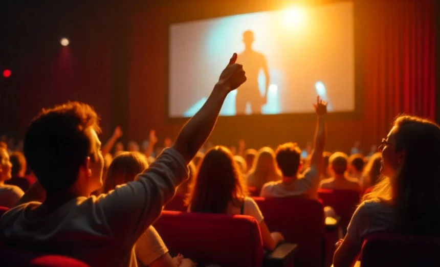 Movie audience cheering excitedly at celebrity cameos in blockbuster films shown on cinema screen