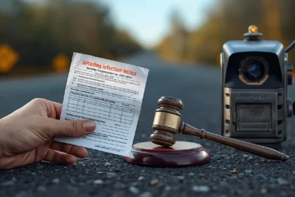 Driver holding an Australian speeding fine with a gavel and a faint map of Australian states — how to contest a speeding ticket.
