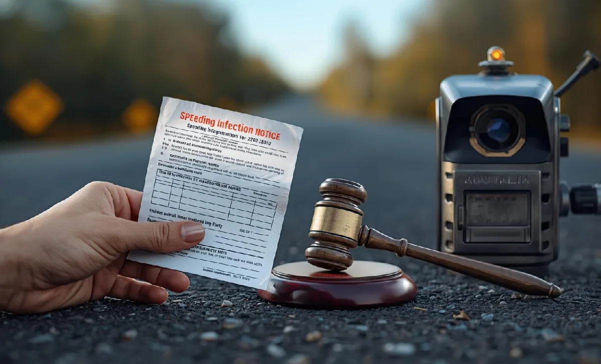 Driver holding an Australian speeding fine with a gavel and a faint map of Australian states — how to contest a speeding ticket.