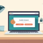 Illustration of a laptop showing a cookie consent banner, cookie icon and privacy shield cookies consent Australia.