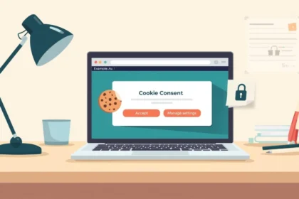 Illustration of a laptop showing a cookie consent banner, cookie icon and privacy shield cookies consent Australia.