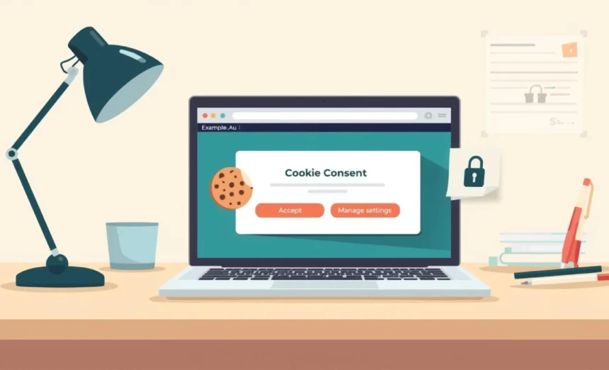 Illustration of a laptop showing a cookie consent banner, cookie icon and privacy shield cookies consent Australia.