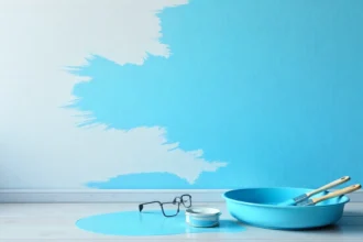 DIY paint finish streaky causes shown on wall with paint roller and tools demonstrating common painting problems and solutions