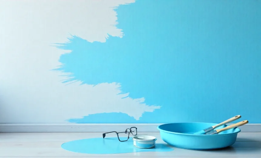 DIY paint finish streaky causes shown on wall with paint roller and tools demonstrating common painting problems and solutions