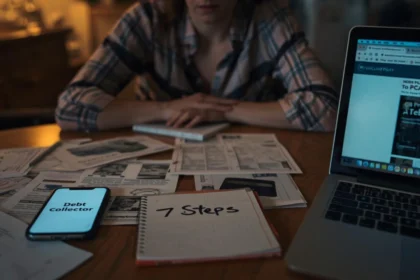 "Australian consumer reviewing debt collection documents and government resources while following 7-step response plan to protect their legal rights"