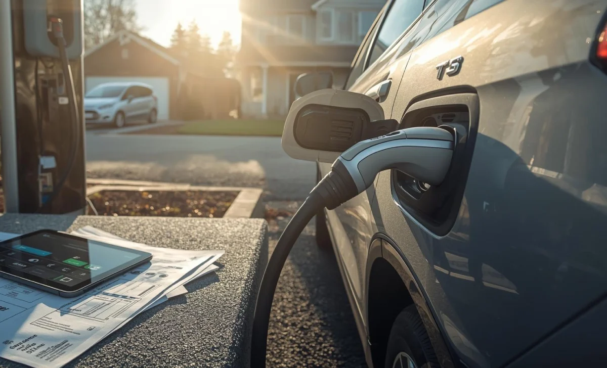 Electric vehicle charging at home with insurance paperwork visible, illustrating EV insurance in Australia.