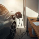 Electric vehicle charging at home with insurance paperwork – highlighting electric car insurance in Australia.