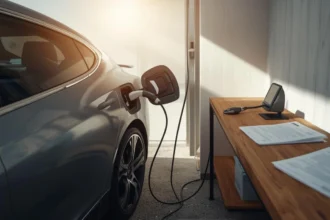 Electric vehicle charging at home with insurance paperwork – highlighting electric car insurance in Australia.