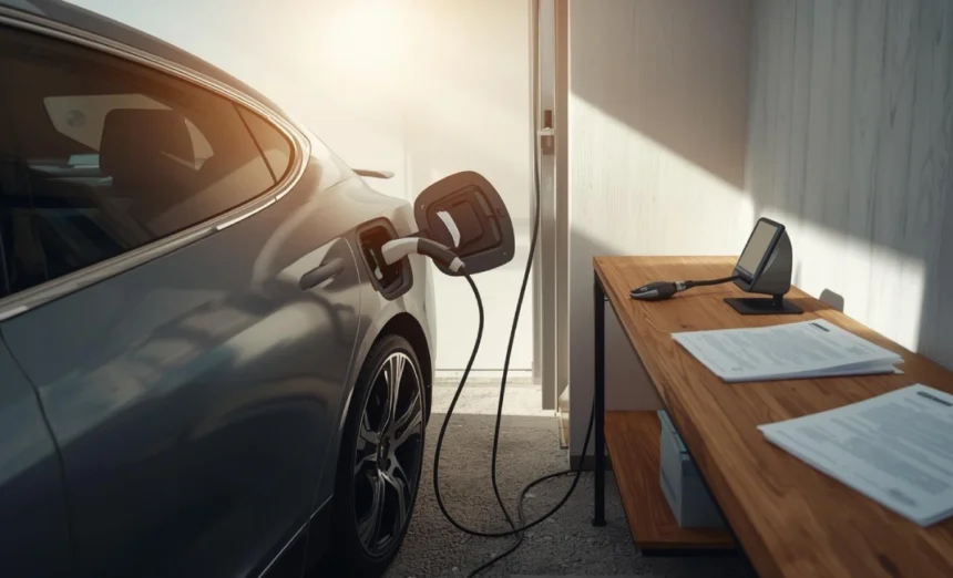 Electric vehicle charging at home with insurance paperwork – highlighting electric car insurance in Australia.
