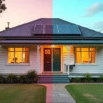 Energy-efficient upgrades for older homes showing before and after comparison with solar panels insulation and modern windows