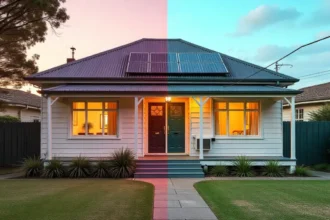 Energy-efficient upgrades for older homes showing before and after comparison with solar panels insulation and modern windows