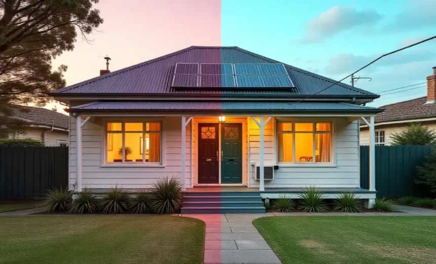 Energy-efficient upgrades for older homes showing before and after comparison with solar panels insulation and modern windows