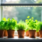 Fresh herbs growing indoors all year on kitchen windowsill with grow lights in Australian home