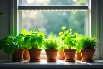Fresh herbs growing indoors all year on kitchen windowsill with grow lights in Australian home
