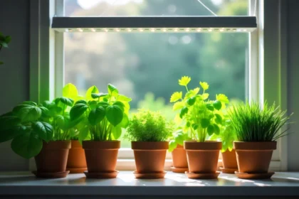 Fresh herbs growing indoors all year on kitchen windowsill with grow lights in Australian home
