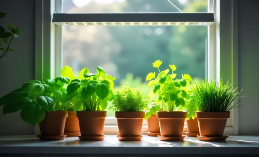 Fresh herbs growing indoors all year on kitchen windowsill with grow lights in Australian home