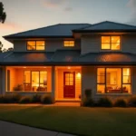Modern Australian home exterior at dusk with warm lights glowing inside, symbolizing first homeownership and deposit savings.