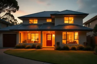 Modern Australian home exterior at dusk with warm lights glowing inside, symbolizing first homeownership and deposit savings.