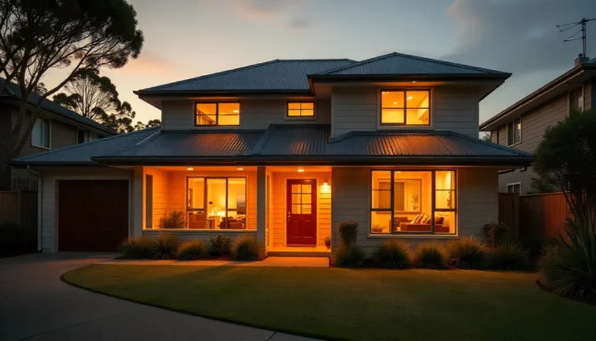 Modern Australian home exterior at dusk with warm lights glowing inside, symbolizing first homeownership and deposit savings.