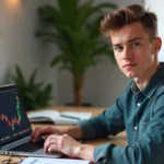 Australian beginner learning how to invest in crypto with no experience using laptop and smartphone with Bitcoin charts
