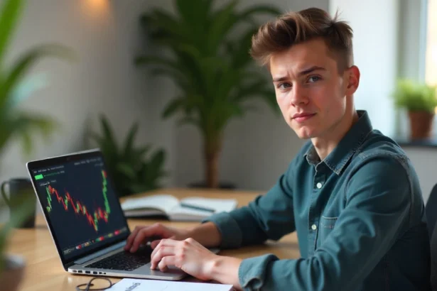 Australian beginner learning how to invest in crypto with no experience using laptop and smartphone with Bitcoin charts