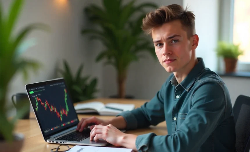 Australian beginner learning how to invest in crypto with no experience using laptop and smartphone with Bitcoin charts