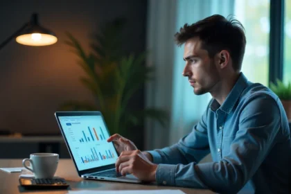 Beginner investor learning about investing risk for beginners while reviewing investment charts and financial documents on laptop