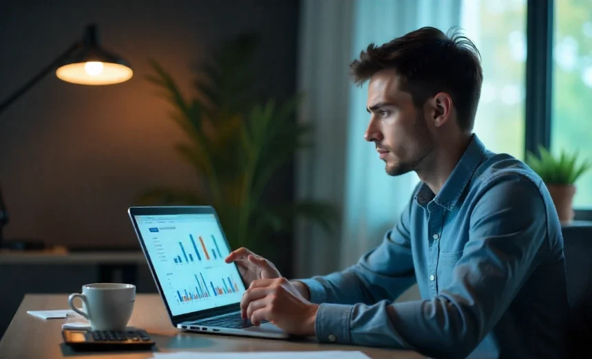 Beginner investor learning about investing risk for beginners while reviewing investment charts and financial documents on laptop