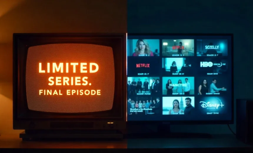 Limited series become franchises transformation showing TV screens displaying original series evolving into multiple seasons and spin-offs