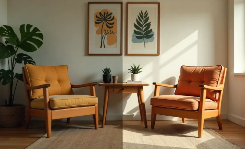 Before and after showing how to make old furniture look modern with paint and hardware upgrades