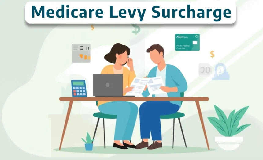 Australian couple reviewing private hospital cover documents to avoid the Medicare Levy Surcharge at tax time.