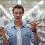 "Australian consumer holding receipt while reading no refunds sign, representing misleading business practices and consumer rights disputes"