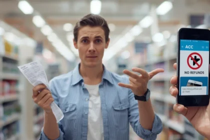"Australian consumer holding receipt while reading no refunds sign, representing misleading business practices and consumer rights disputes"