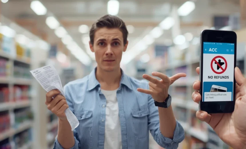 "Australian consumer holding receipt while reading no refunds sign, representing misleading business practices and consumer rights disputes"
