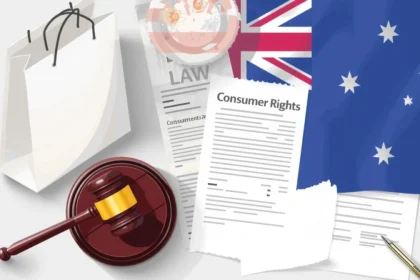 Illustration of Australian Consumer Law with shopping bag, receipt, gavel, and warranty document symbolising refunds and consumer rights