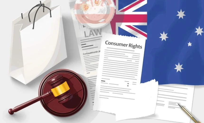 Illustration of Australian Consumer Law with shopping bag, receipt, gavel, and warranty document symbolising refunds and consumer rights