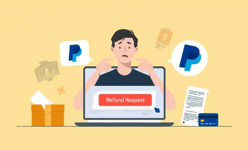 Illustration of an Australian shopper requesting a refund for a faulty online purchase with laptop, receipt, and ACCC icon