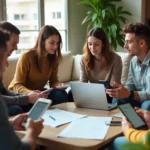 "Young Australian renters reviewing tenant rights documents and government forms on tablets and smartphones in modern rental property living room"