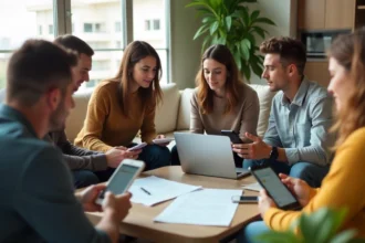 "Young Australian renters reviewing tenant rights documents and government forms on tablets and smartphones in modern rental property living room"