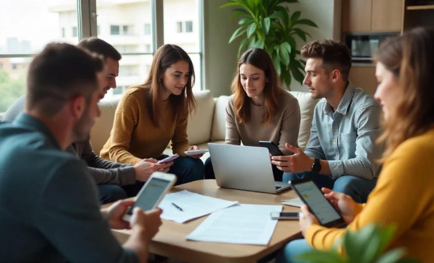 "Young Australian renters reviewing tenant rights documents and government forms on tablets and smartphones in modern rental property living room"