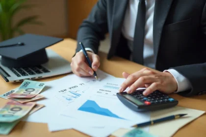 Young Australian graduate using calculator to pay off student debt faster with financial planning documents and HELP debt paperwork