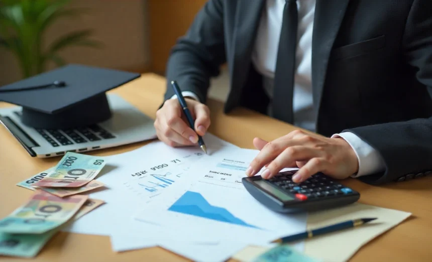Young Australian graduate using calculator to pay off student debt faster with financial planning documents and HELP debt paperwork