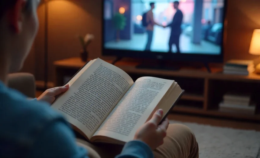 Person deciding between reading book first or watching TV show to avoid spoilers