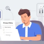 Australian person at laptop reading a website privacy policy with icons of magnifying glass, shield, and checklist against Sydney skyline.