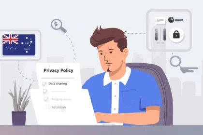 Australian person at laptop reading a website privacy policy with icons of magnifying glass, shield, and checklist against Sydney skyline.